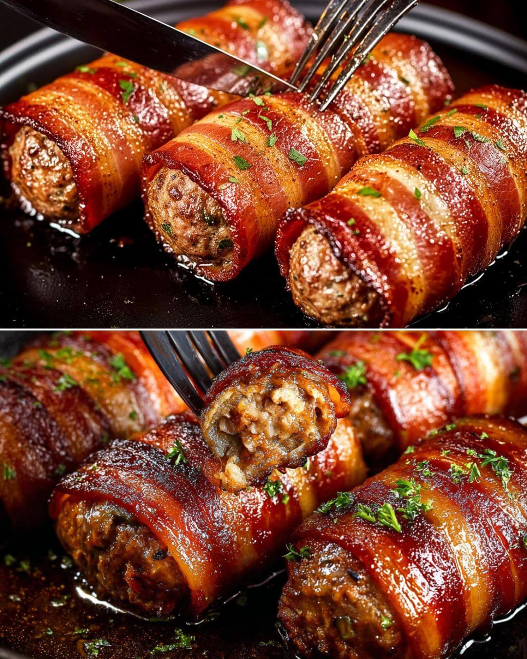 Beef and Vegetable Rolls Wrapped in Turkey Bacon with Parmesan Potatoes