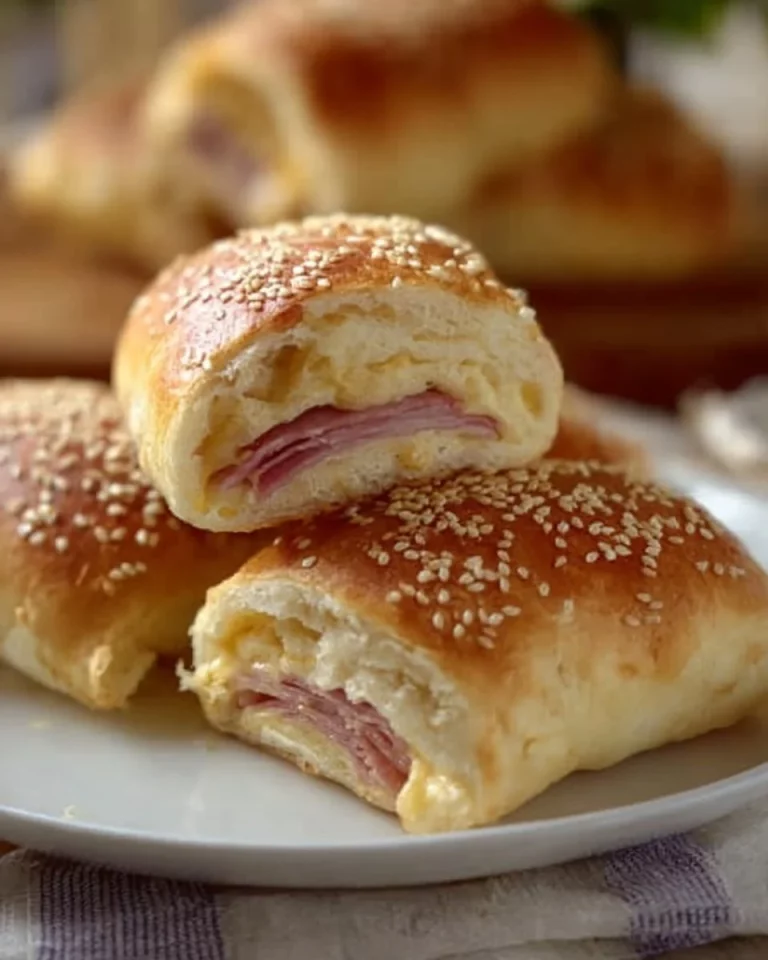 Amazingly fluffy rolls filled with rich ham and cheese on a wooden table