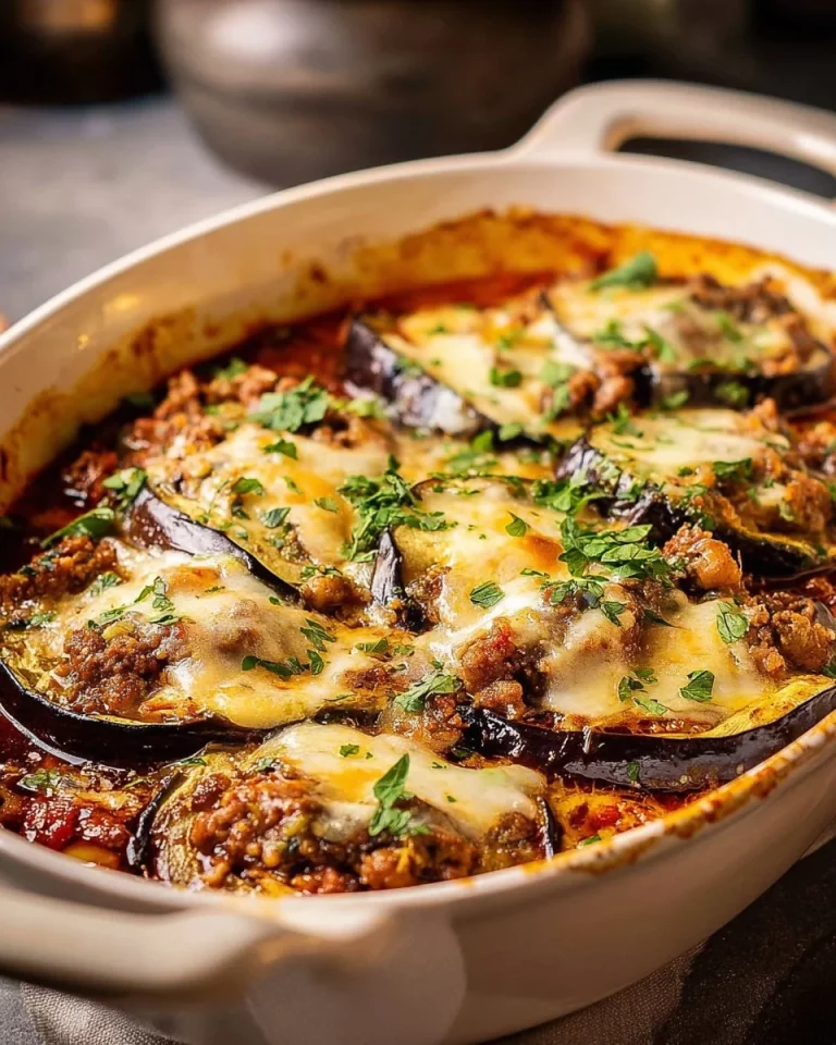 Baked ground beef and eggplant dish served in a casserole with cheese topping