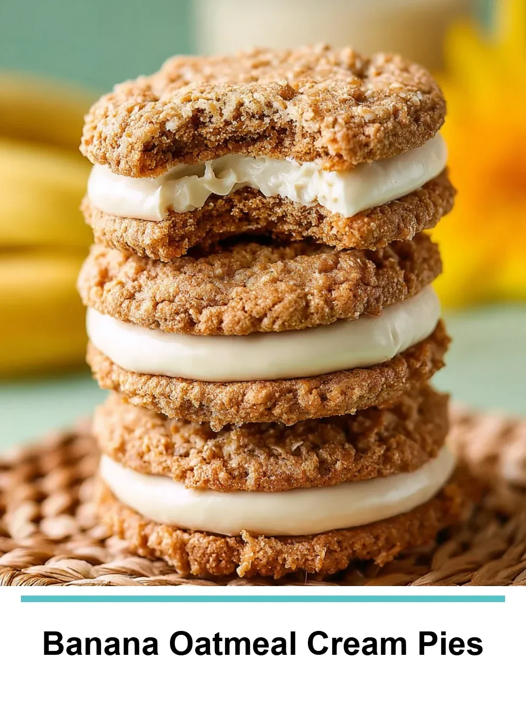 Delicious homemade Banana Oatmeal Cream Pies on a rustic wooden table