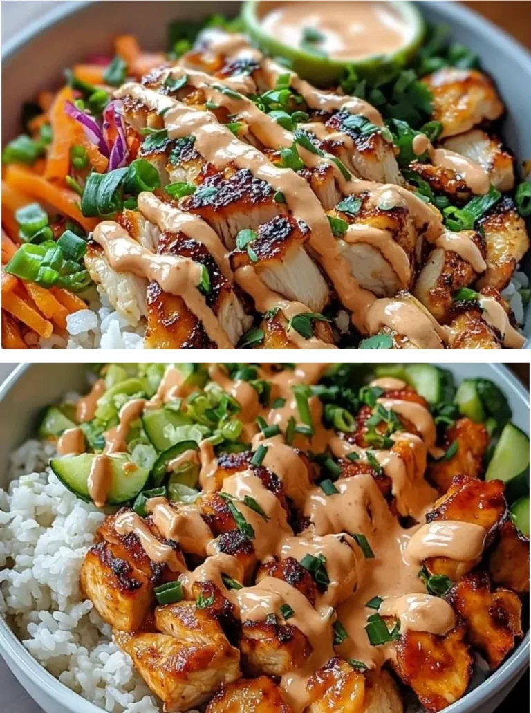 A delicious Bang Bang Chicken Bowl topped with spicy sauce and fresh vegetables