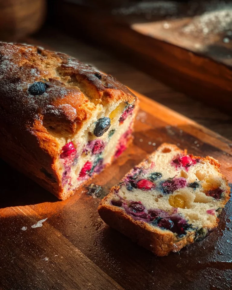 A slice of homemade Blueberry Banana Bread on a wooden countertop.