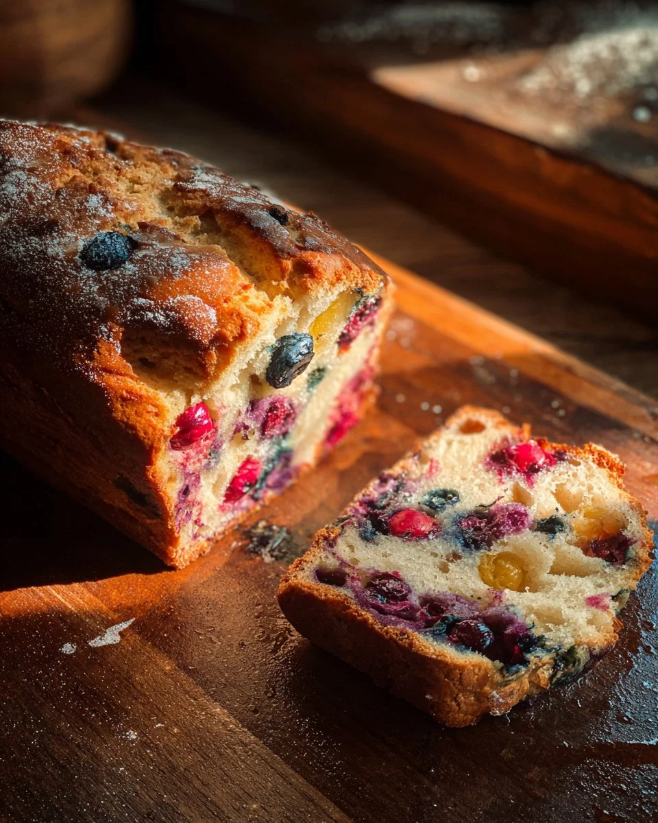 A slice of homemade Blueberry Banana Bread on a wooden countertop.