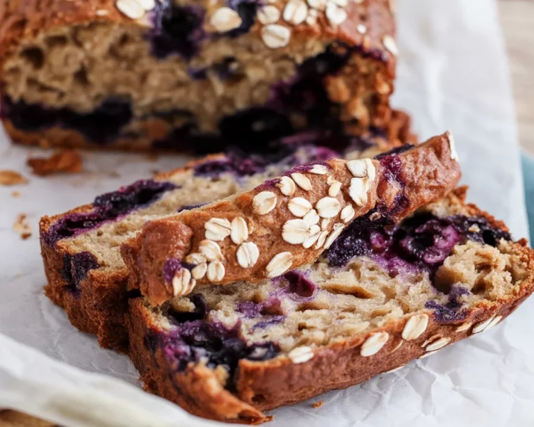 Sliced blueberry oat protein bread on a wooden board, topped with fresh blueberries.