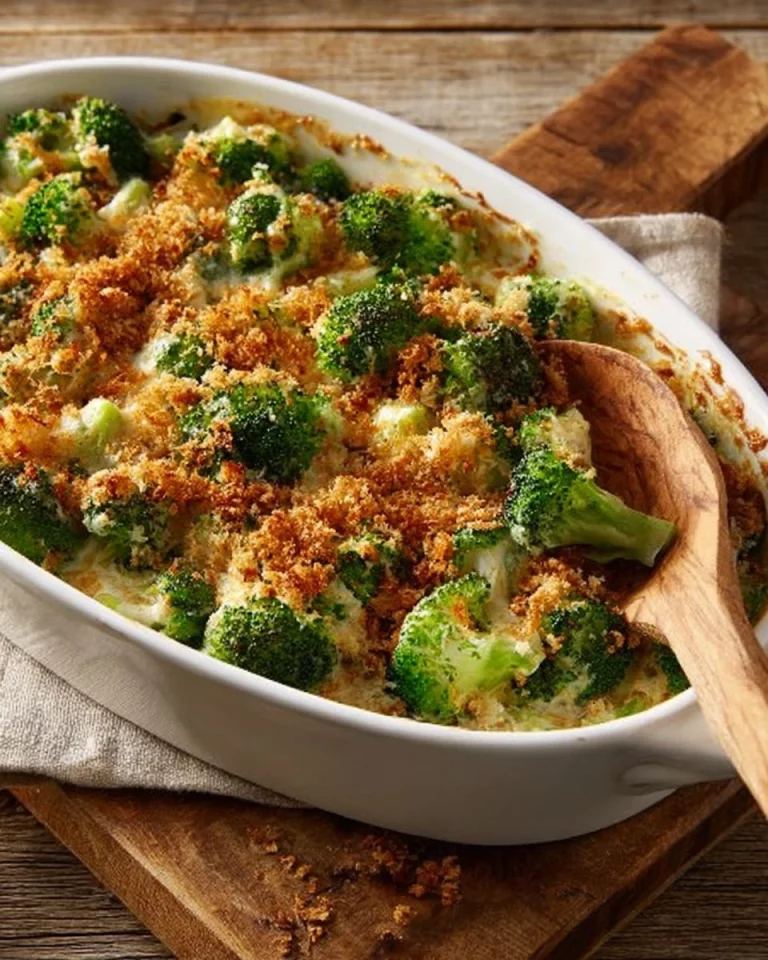 Delicious broccoli parmesan casserole topped with melted cheese and breadcrumbs