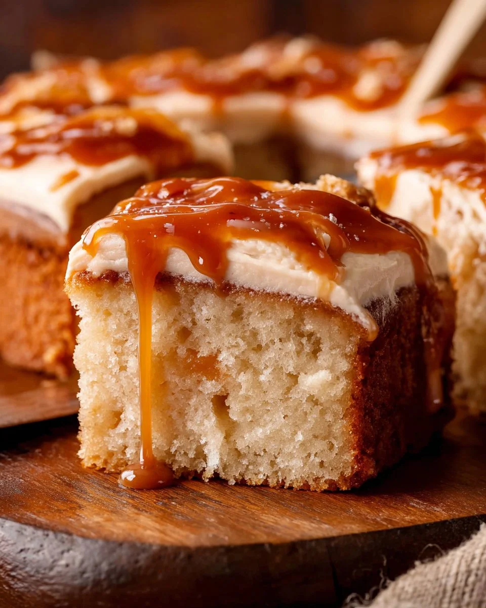 Delicious slice of Brown Butter Caramel Cake with rich caramel drizzle