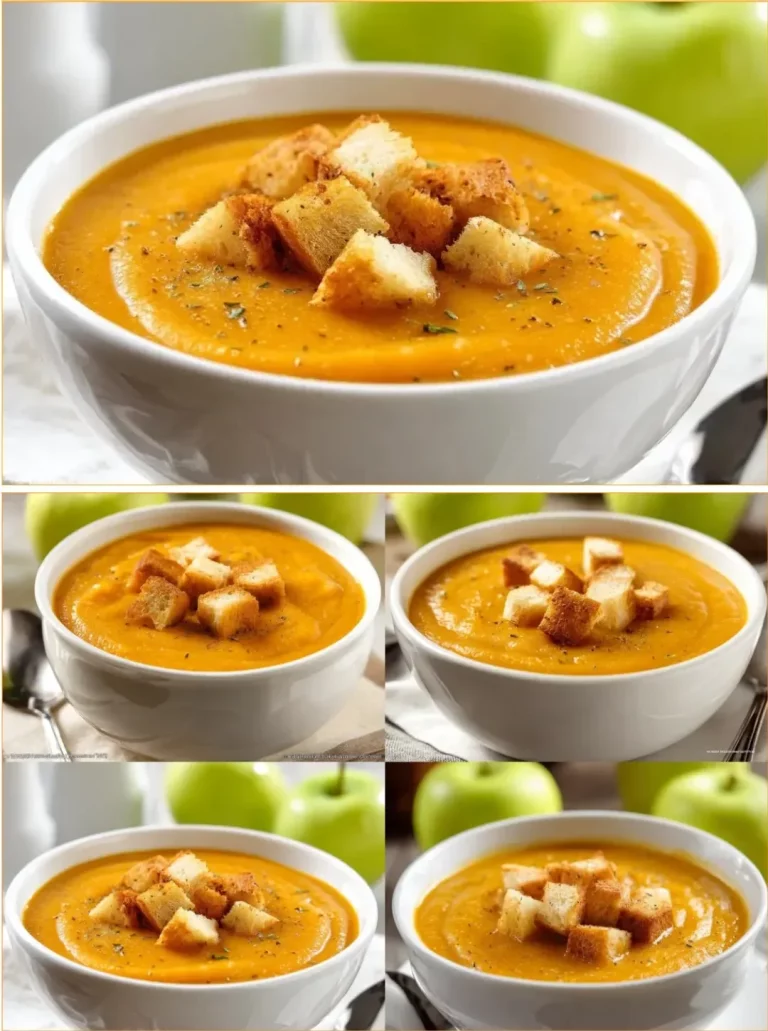 Bowl of creamy butternut squash and apple soup garnished with herbs