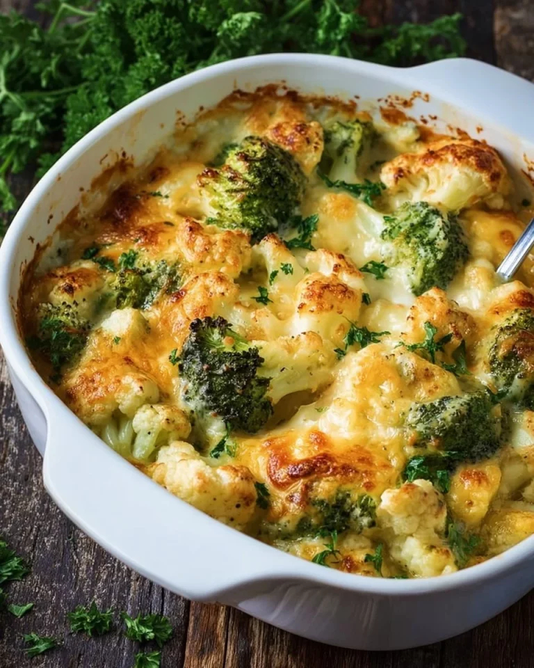 Delicious Cauliflower Broccoli Bake topped with cheese and herbs