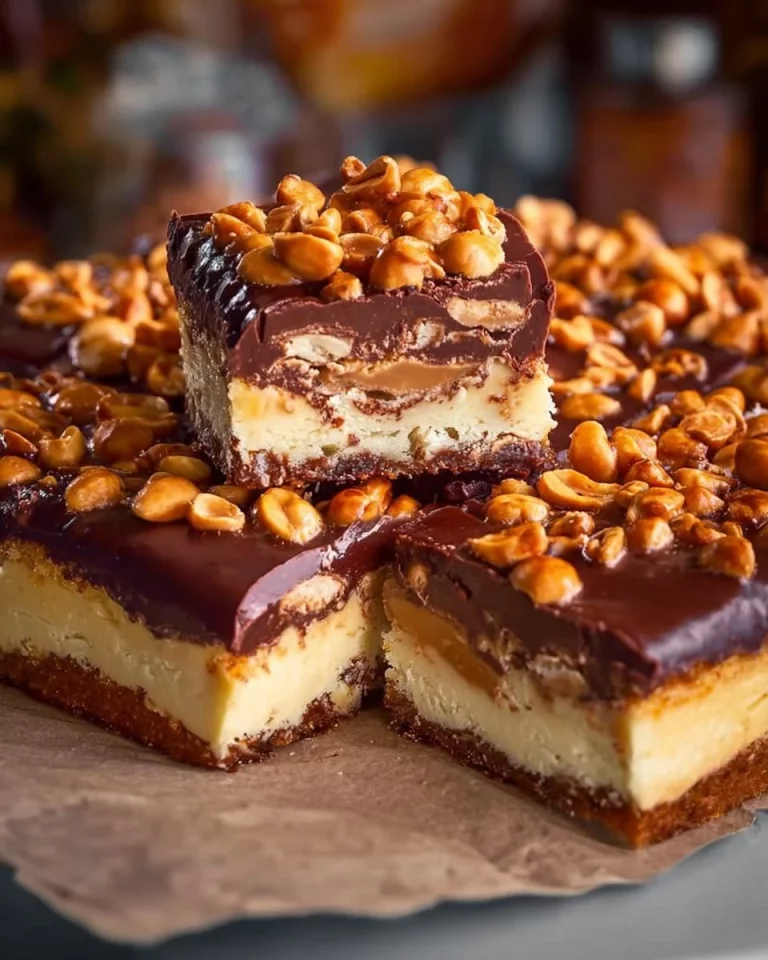 Delicious cheesecake topped with chocolate glaze and peanuts
