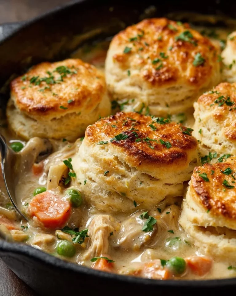 Delicious Chicken Pot Pie topped with flaky biscuits ready to serve.