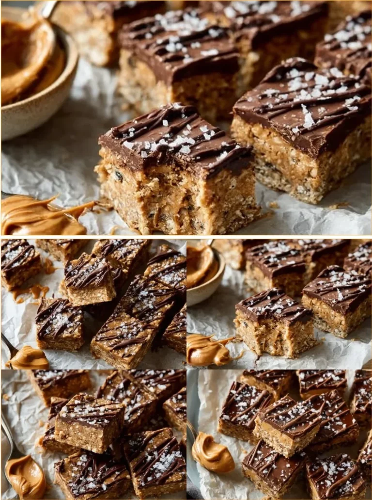 Homemade coconut and chocolate peanut butter protein bars stacked on a plate.