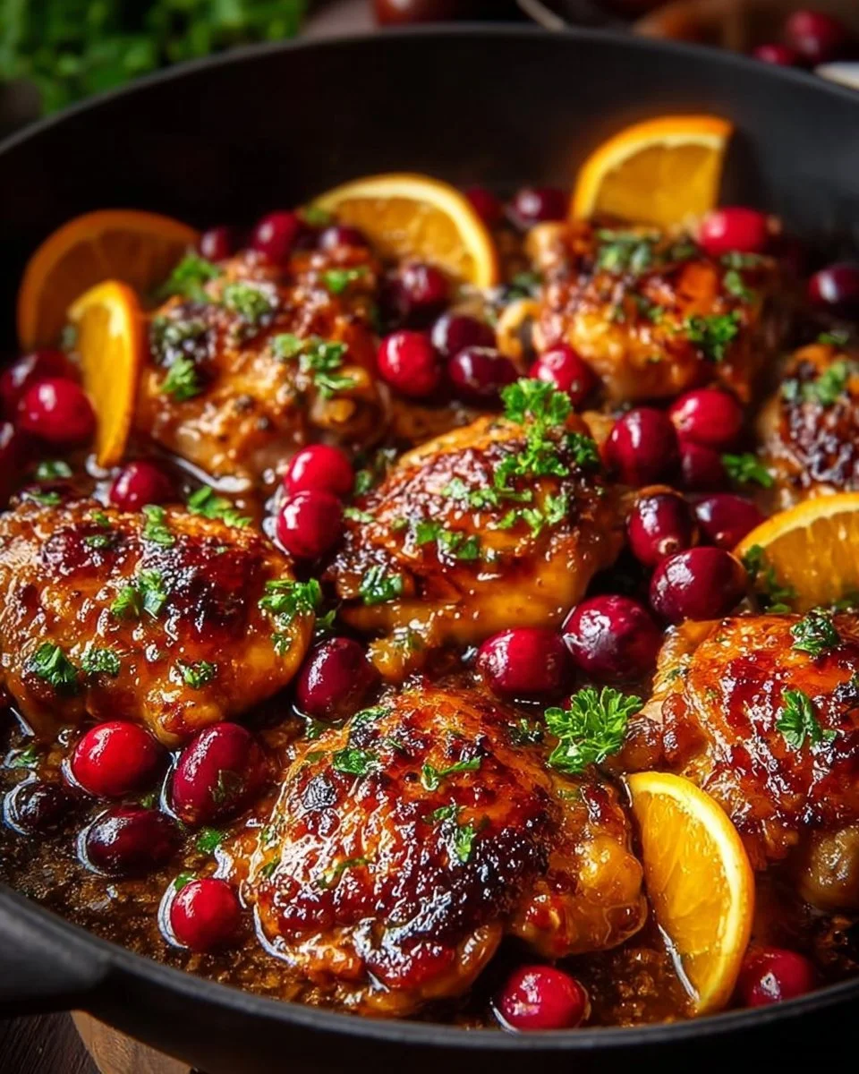 Deliciously cooked Cranberry Orange Chicken with vibrant orange slices and cranberries
