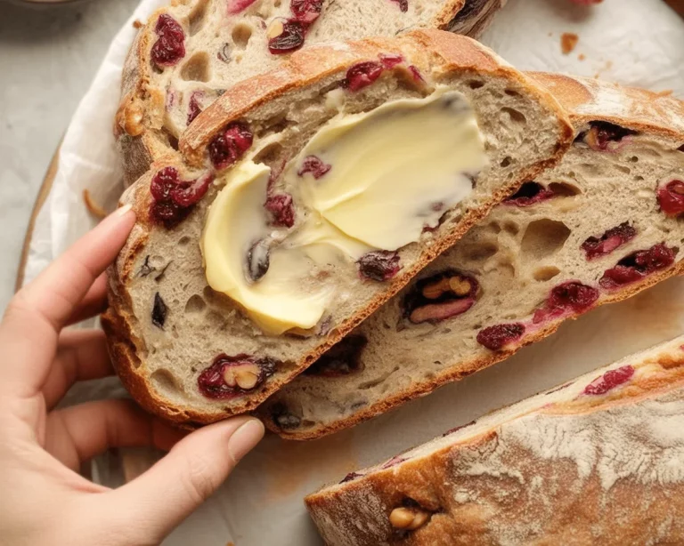 Loaf of cranberry walnut breakfast bread with cranberries and walnuts on a wooden table.