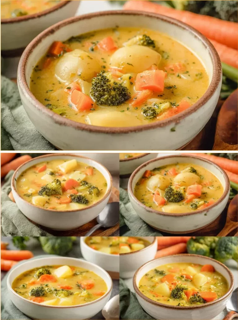 A bowl of creamy vegetable soup filled with fresh ingredients and colorful vegetables.