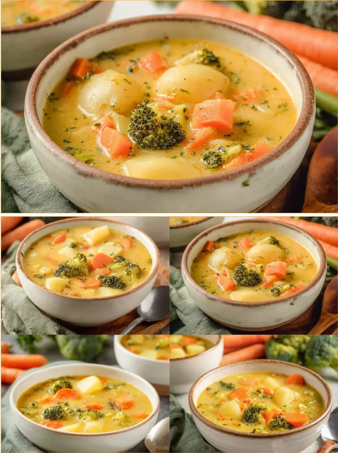 A bowl of creamy vegetable soup filled with fresh ingredients and colorful vegetables.