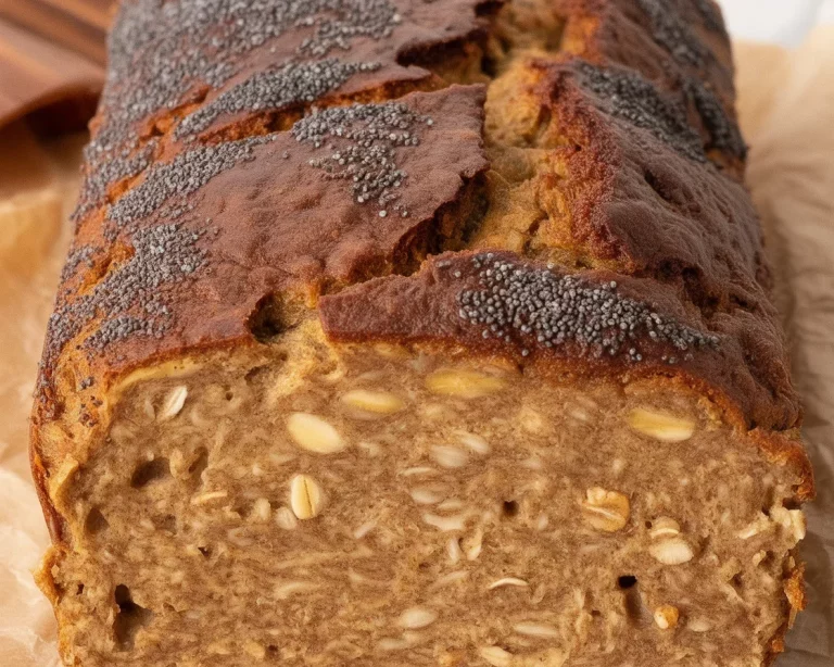 Slice of flourless banana protein bread with oats and bananas on a wooden table
