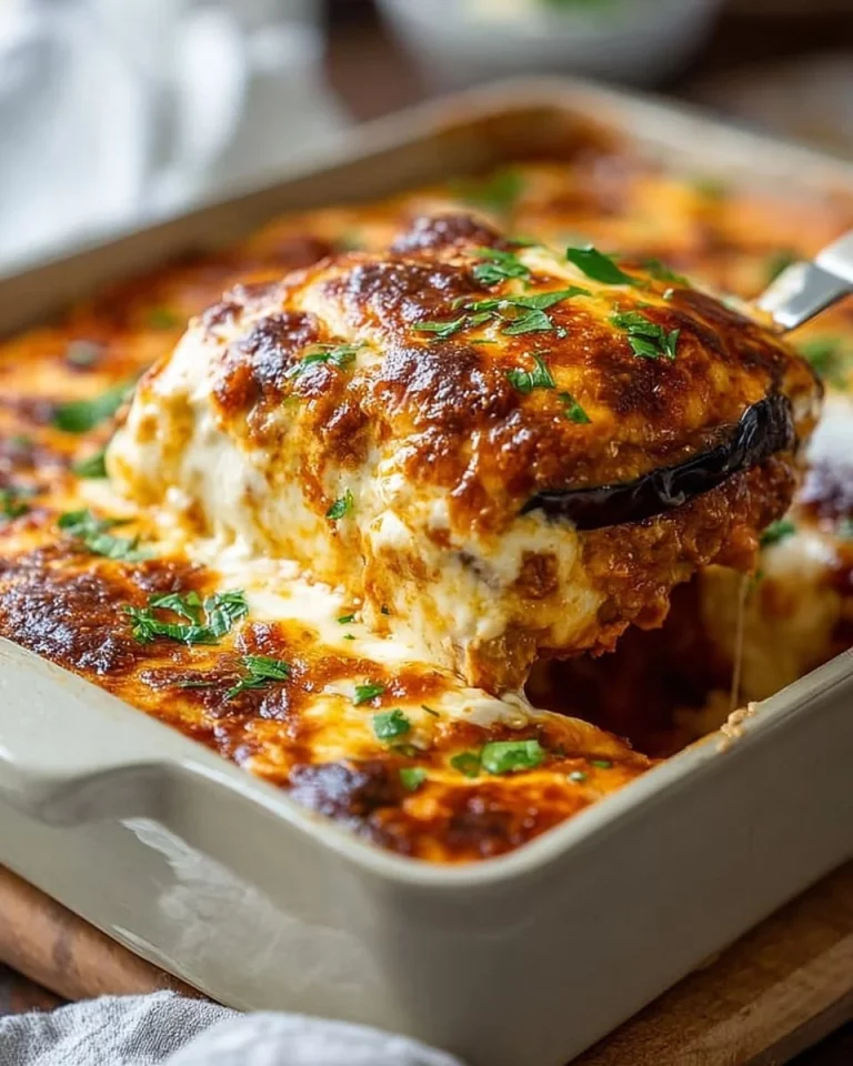 Delicious Eggplant Parmesan dish with layers of eggplant, marinara sauce, and melted cheese