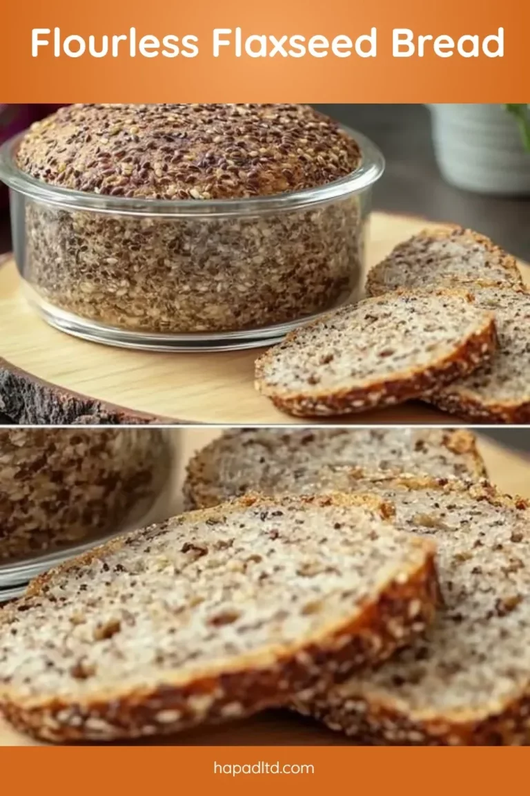 Slice of homemade flourless flaxseed bread on a rustic wooden table.