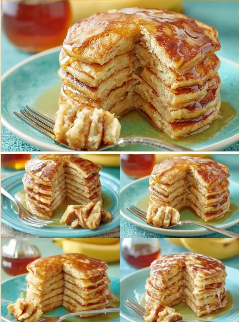 Delicious four-ingredient protein pancakes stacked on a plate with syrup