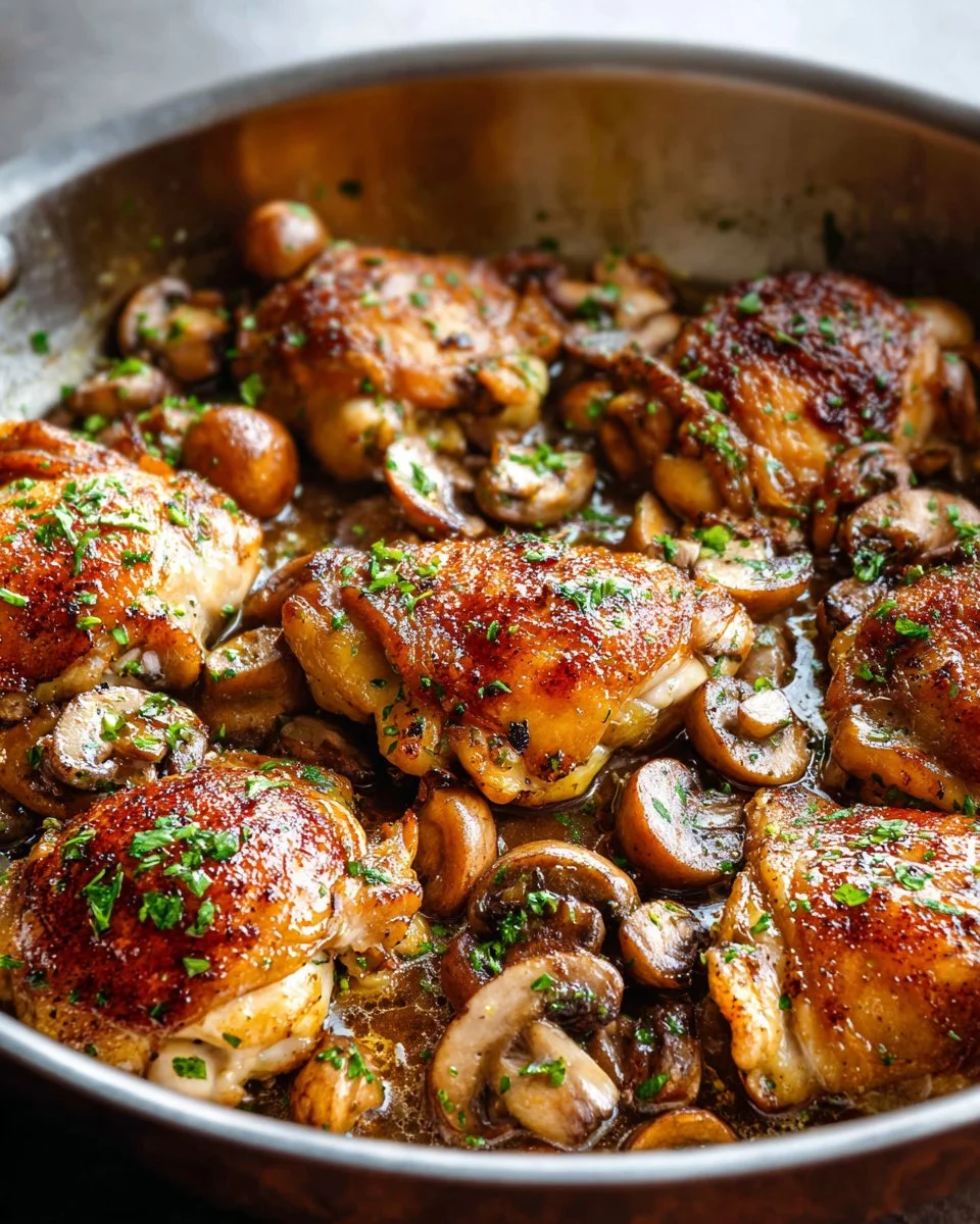 Garlic Mushroom Chicken Thighs served on a plate with fresh herbs