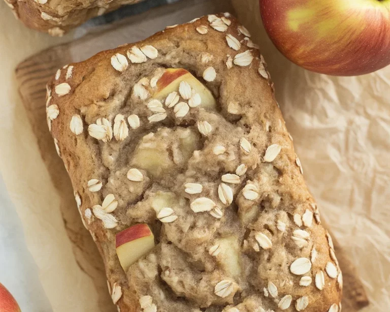 Slice of no-flour apple oat bread with oats and apple chunks on a wooden table.