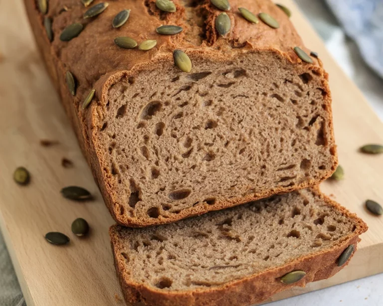 Slice of healthy lentil protein bread on a wooden table, gluten-free and vegan.