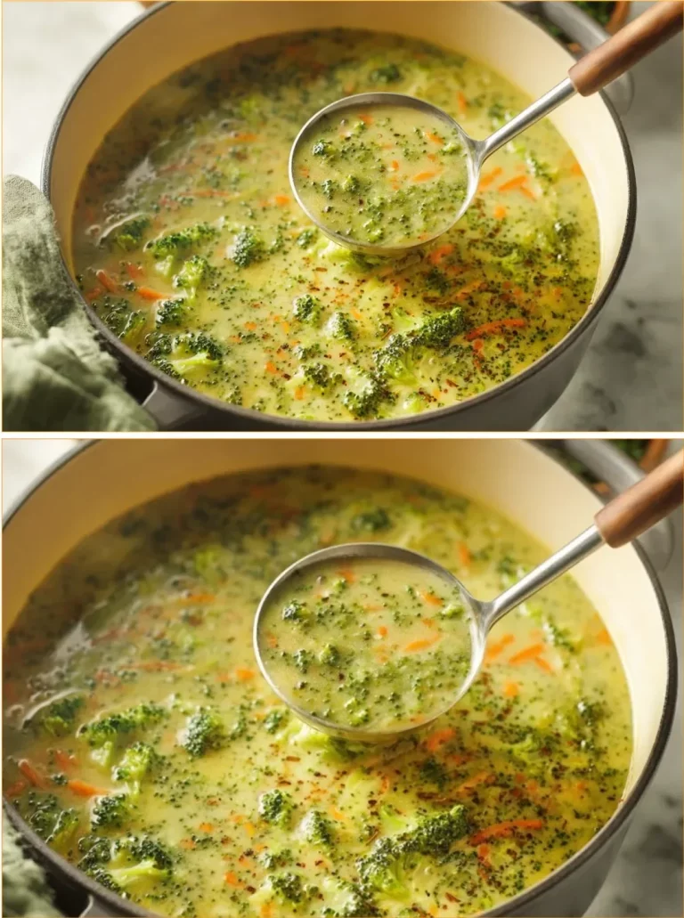 Bowl of high protein broccoli cheddar soup topped with cheese and broccoli florets