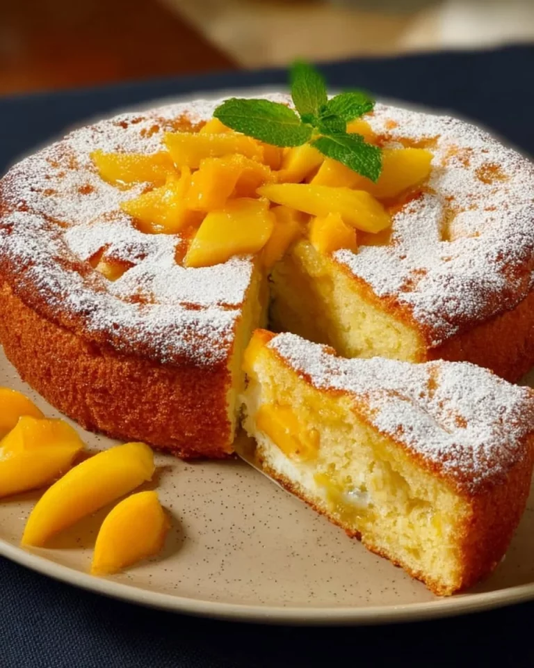 Delicious juicy peach cake with creamy frosting and fresh peach slices on top