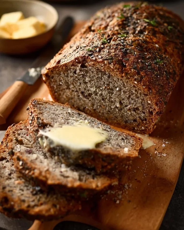 Sliced gluten-free keto high fiber bread on a wooden table.