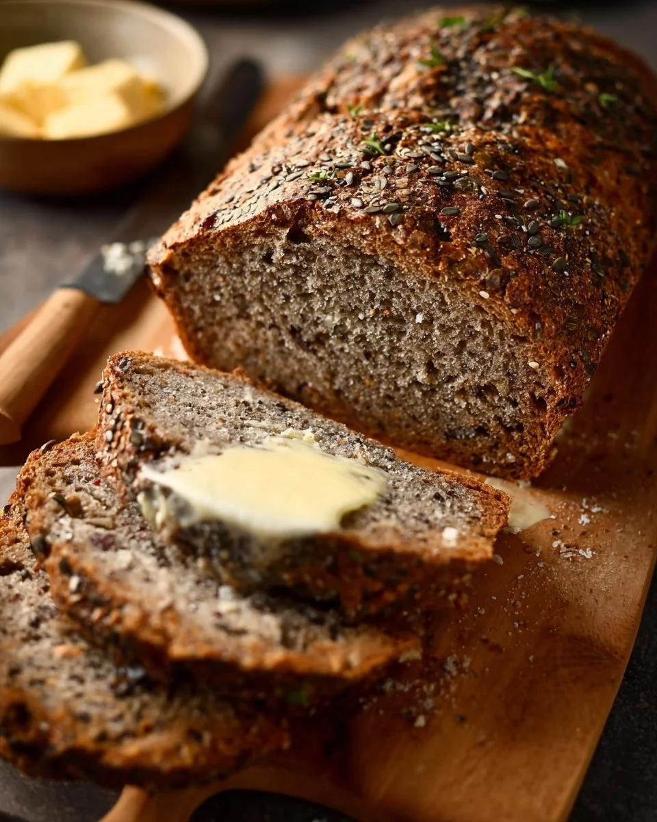 Sliced gluten-free keto high fiber bread on a wooden table.