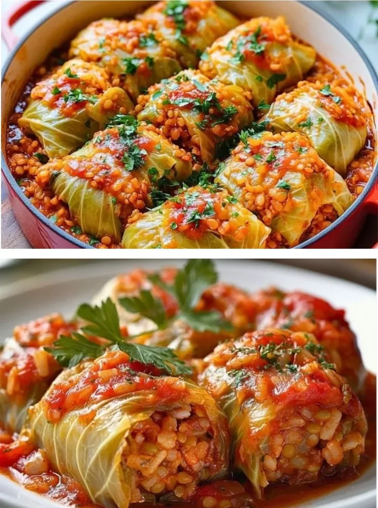 Lentil and rice stuffed cabbage rolls on a plate