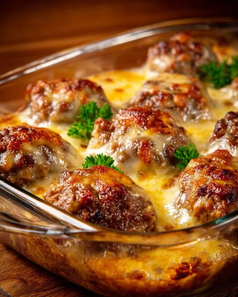 Baked meatballs with cabbage in a casserole dish flavored with savory sauce