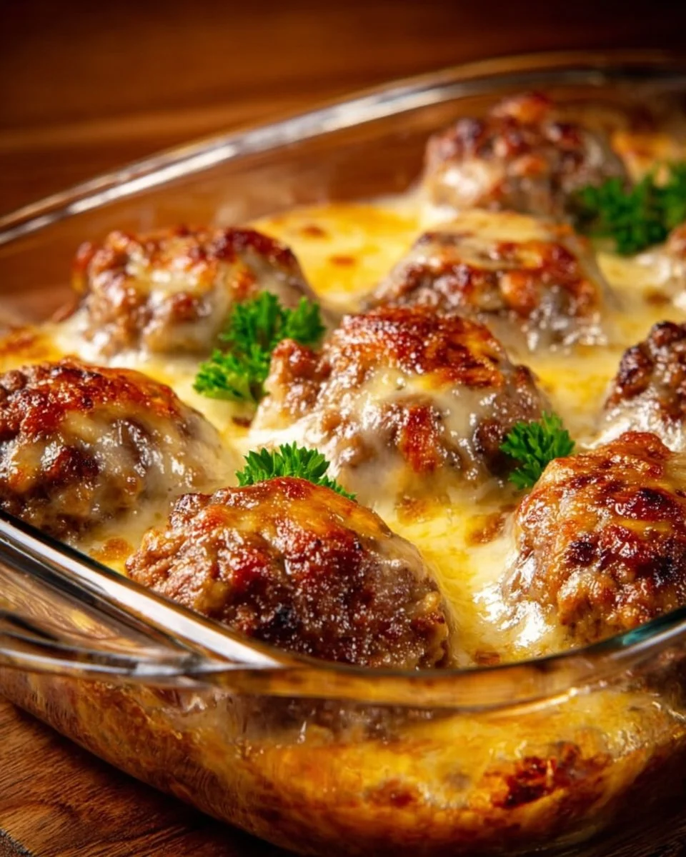 Baked meatballs with cabbage in a casserole dish flavored with savory sauce