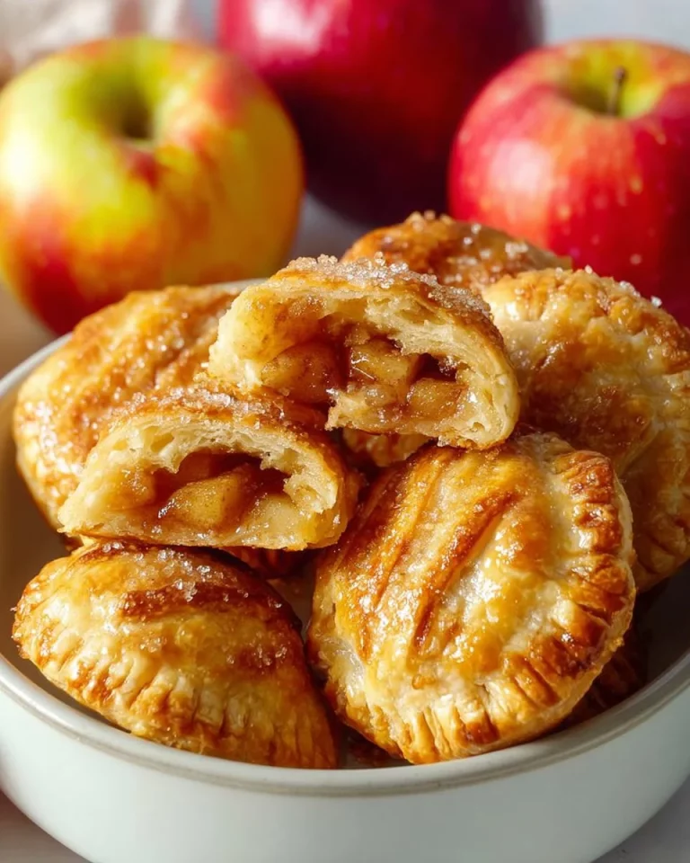 Mini apple pies with flaky crust and apple filling on a wooden table
