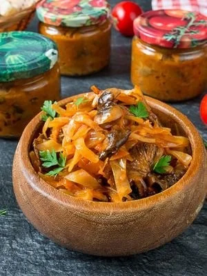 Mushroom Solyanka with cabbage prepared for winter storage
