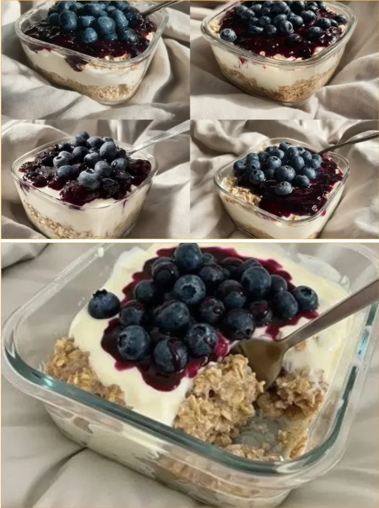 Bowl of overnight oats topped with fresh blueberries