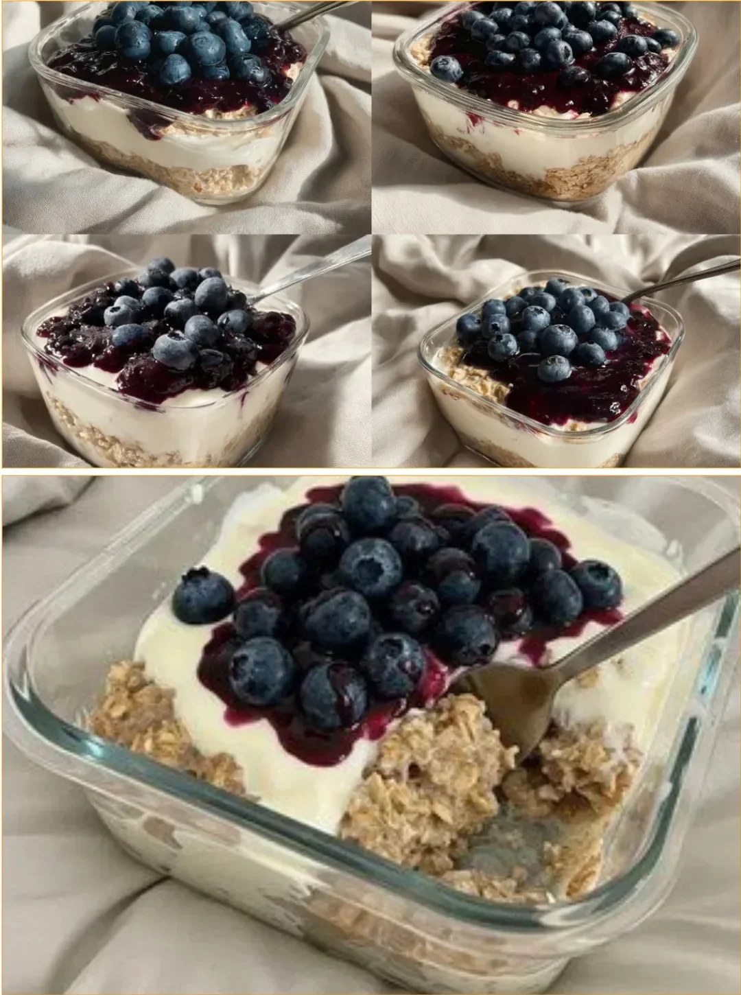 Bowl of overnight oats topped with fresh blueberries