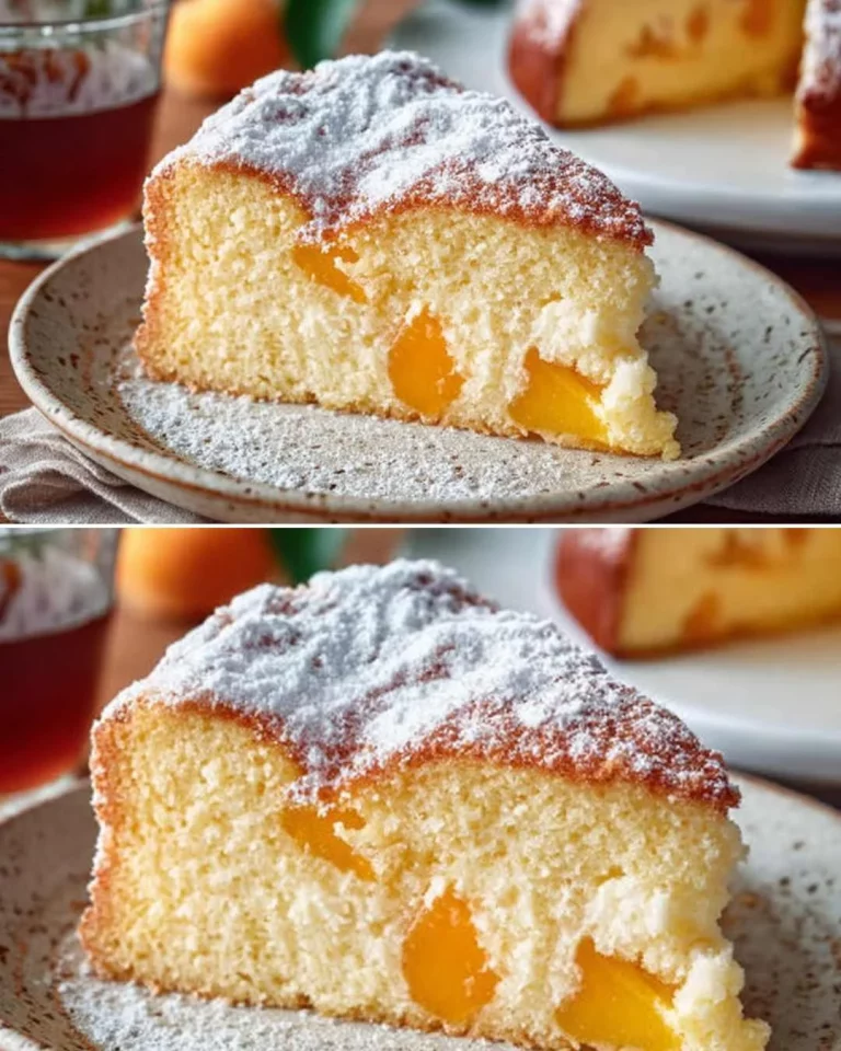 Delicious homemade Peach Cake topped with fresh peach slices and cream