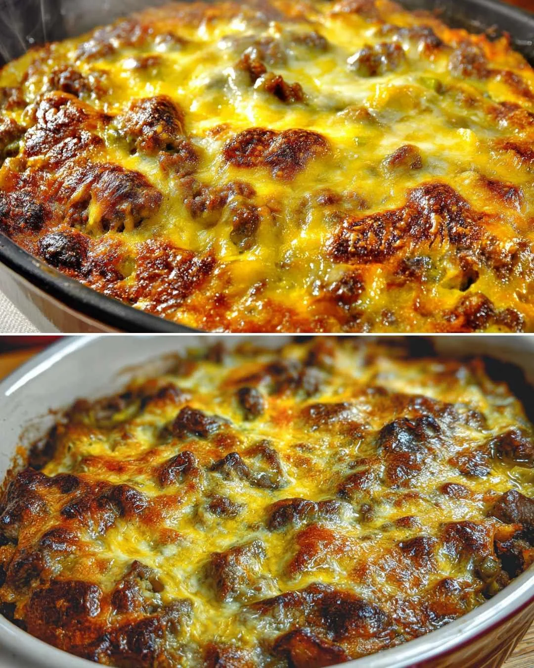 Philly cheesesteak casserole loaded with steak, peppers, and cheese