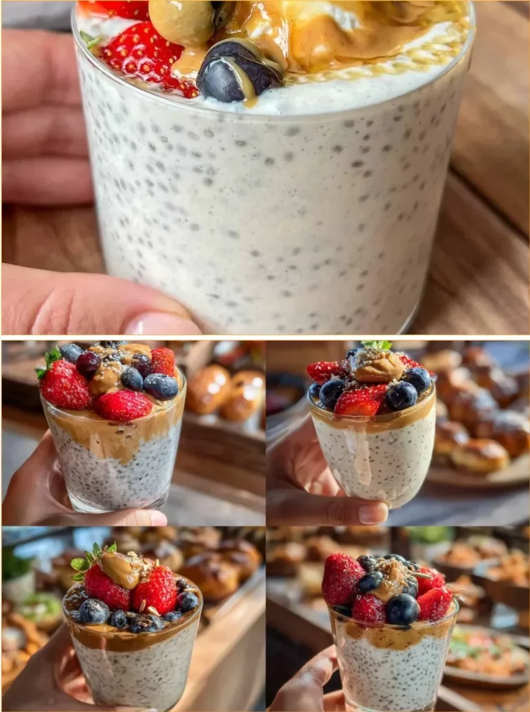 Delicious protein chia pudding topped with fresh fruits and nuts.