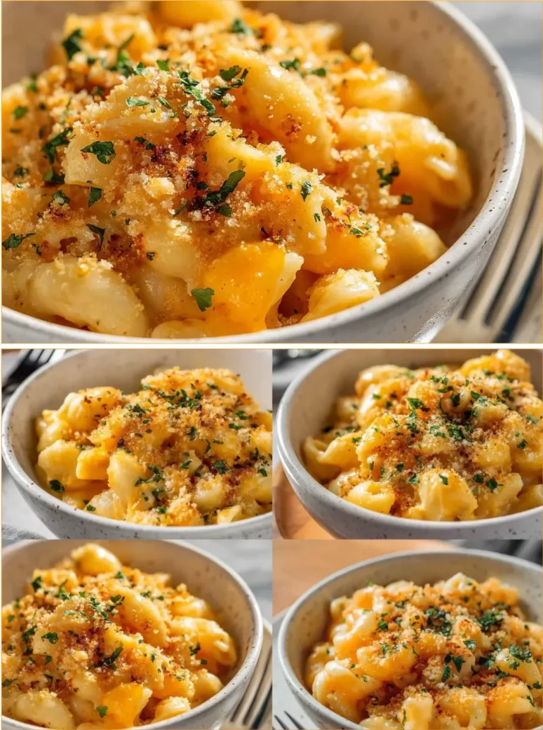 Bowl of Protein Mac and Cheese topped with cheese and herbs