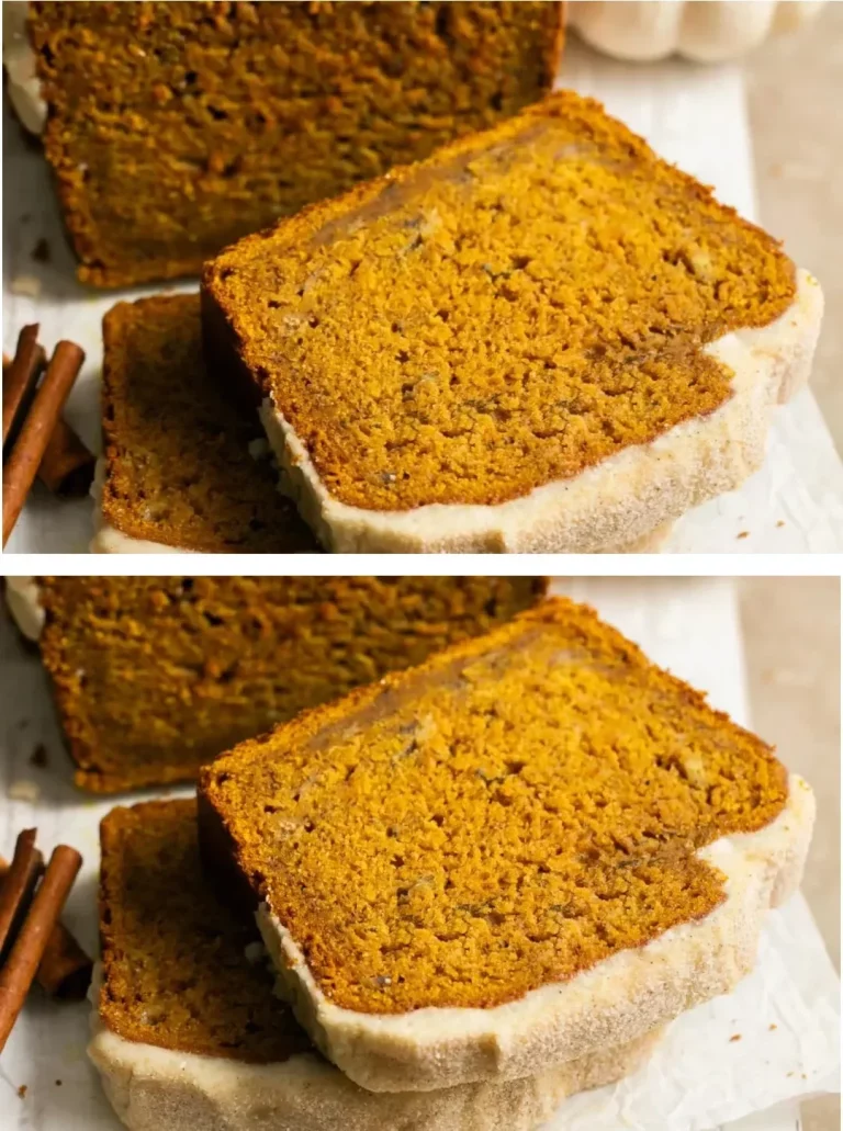 Freshly baked Pumpkin Banana Bread topped with walnuts on a wooden table