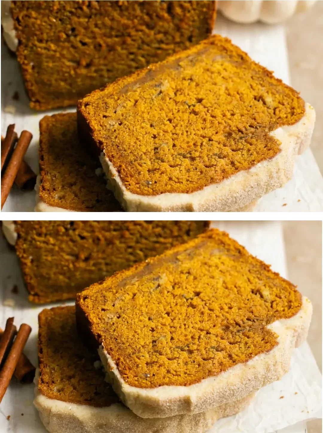 Freshly baked Pumpkin Banana Bread topped with walnuts on a wooden table