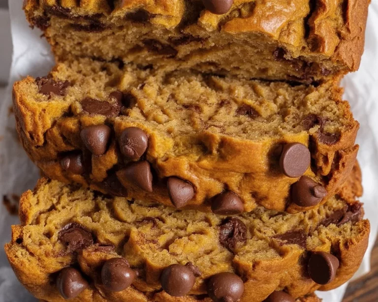 Delicious slice of pumpkin spice protein bread with chocolate chips and pumpkin puree