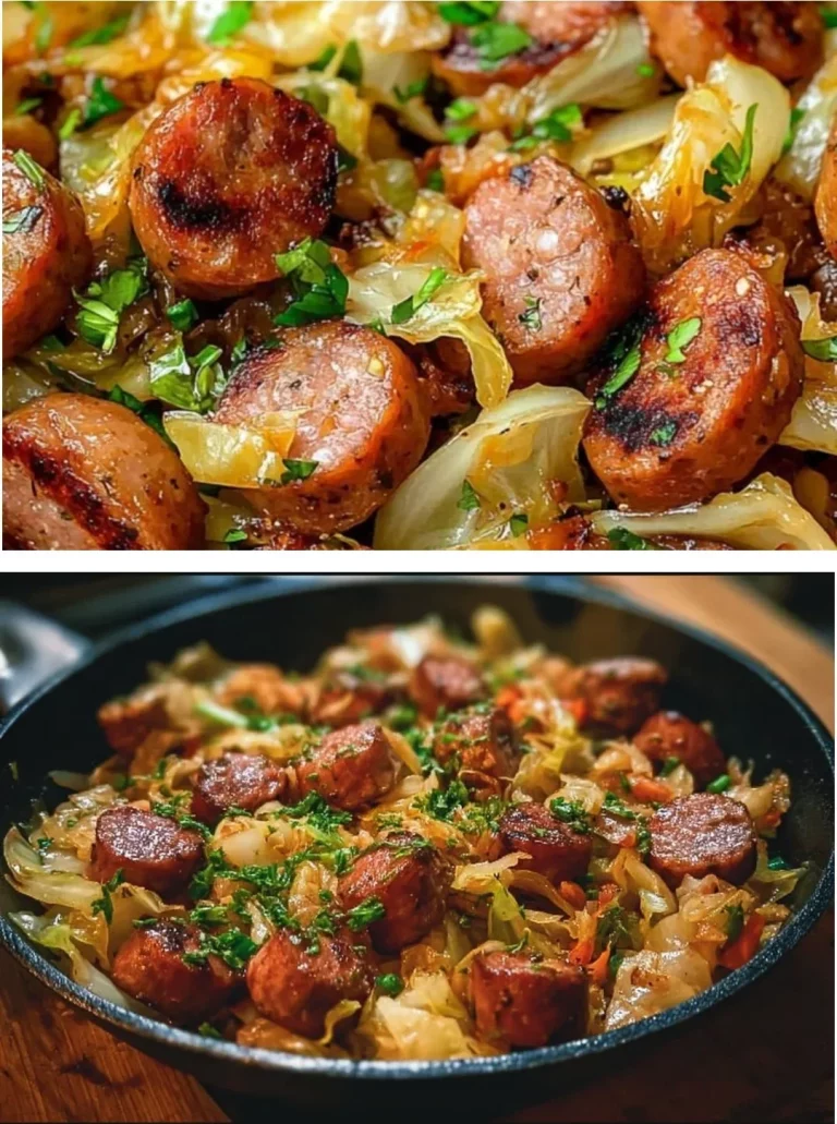 Sausage and cabbage stir fry in a colorful stir fry dish