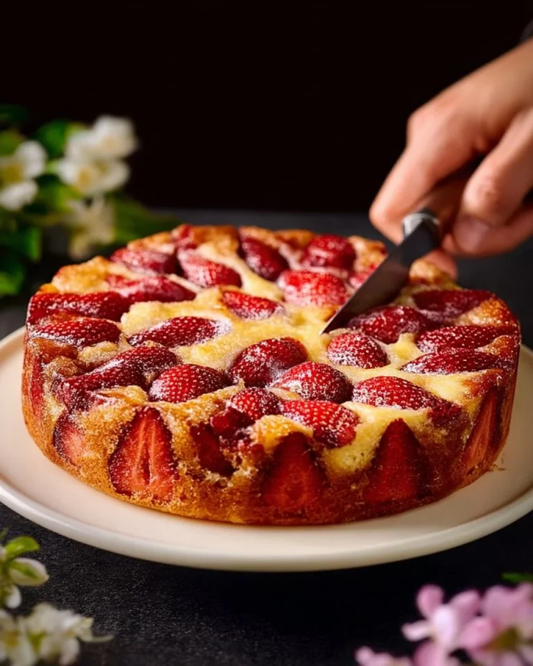Slice of Strawberry Ricotta Cake with fresh strawberries on top