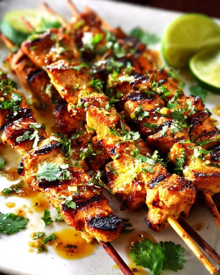 Plate of Thai Satay Chicken skewers served with rich peanut sauce.