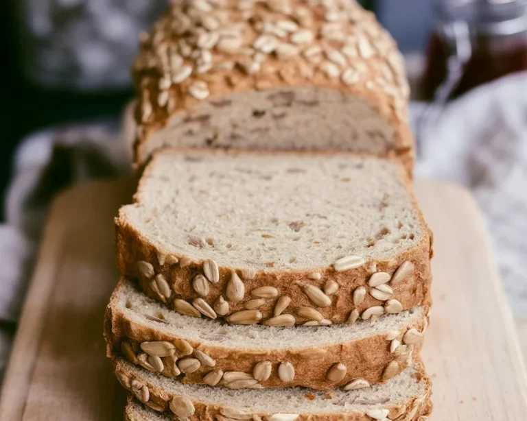 Freshly baked sunflower seed whole grain bread with golden sunflower seeds.