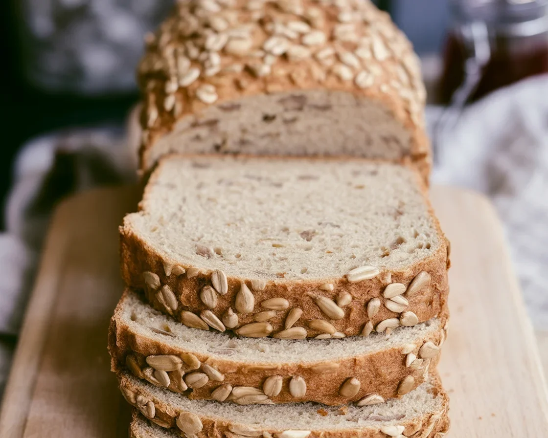 Freshly baked sunflower seed whole grain bread with golden sunflower seeds.
