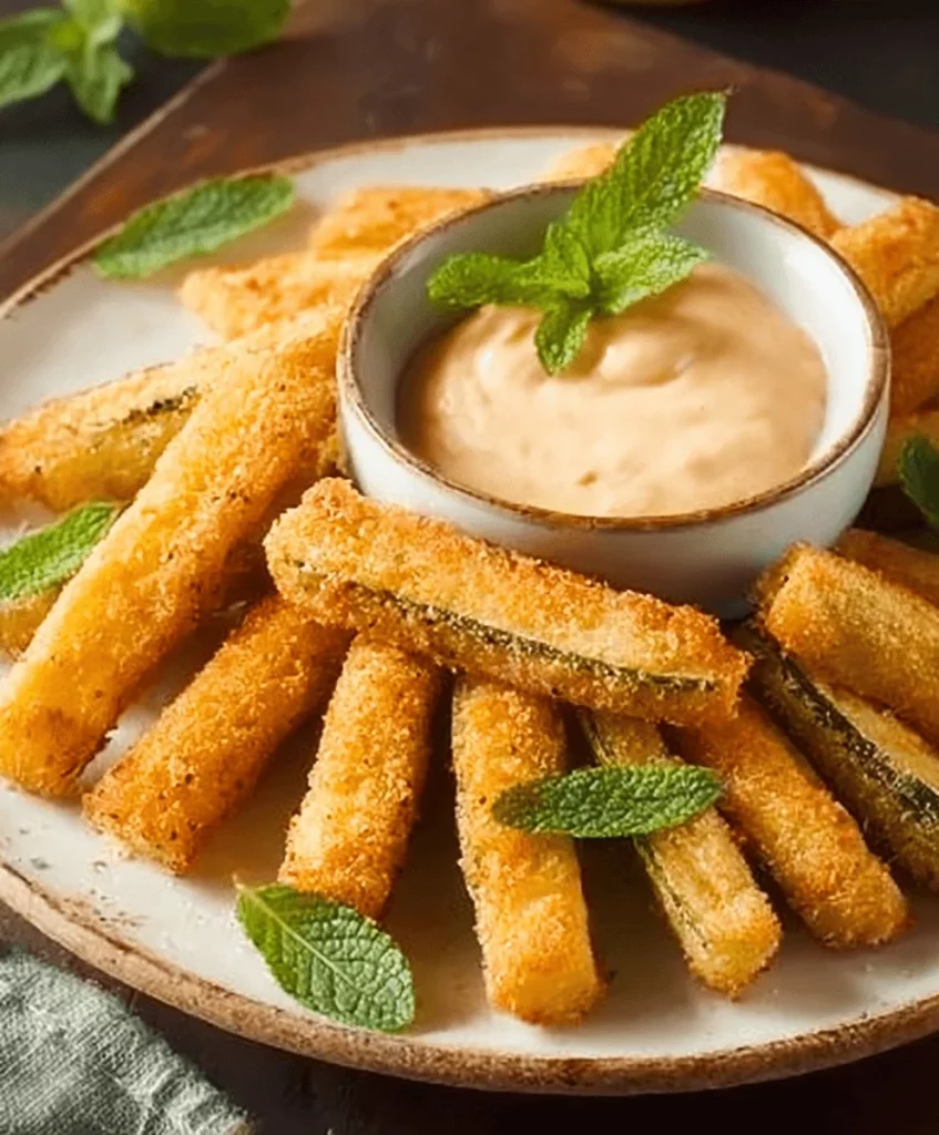 Plate of crispy zucchini nuggets served with dipping sauce